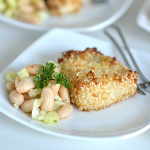 recipe for Chilean Sea Bass in Sesame Seed Crust and White Bean Salad, great for entertaining