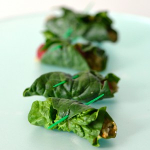 vegan party treat Spinach Leaf Rolls stuffed with freekeh and peanut butter