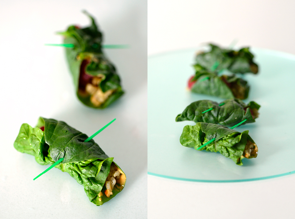 vegan party treat Spinach Leaf Rolls stuffed with freekeh and peanut butter