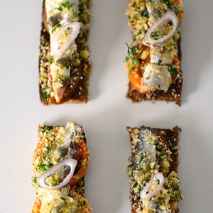 hobnobmag sardine canape on Toast with Zesty Lemon Crumbs