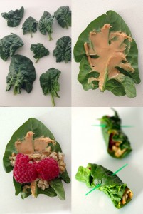 steps for creating spinach rolls stuffed with freekeh peanut butter and raspberries