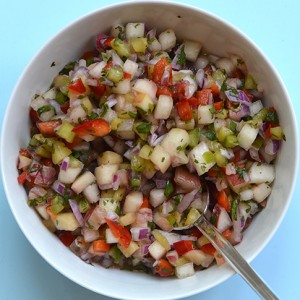 Taco Bar: Dueling Condiments—A White Peach Salsa and Crunchy Slaw with Peas Pods & Carrots