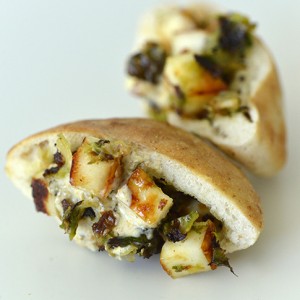 Mini Pitas Stuffed with Fried Paneer & Caramelized Brussels Sprouts in Yogurt Sauce