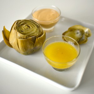 HOBNOBMAG Recipe Steamed Artichokes Two Dipping Sauces