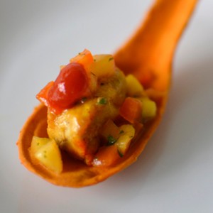 hobnobmag Edible Spoons Pork with Mango-Nectarine Salsa