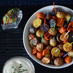 hobnobmag recipe Roasted Baby Potatoes and Carrots with Cumin Coconut Yogurt Dip