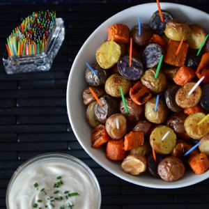 Party Potatoes: Roasted with Carrots and Cumin Coconut Yogurt Dip