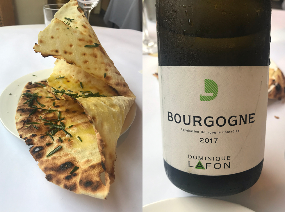hobnobmag King Restaurant NYC. The bread for the table, a twist on a Pissaladière, was thin and extra crispy, topped with herbs and olive oil. One of my favorite white Burgundys, Dominique Lafon Bourgogne Blanc 2017
