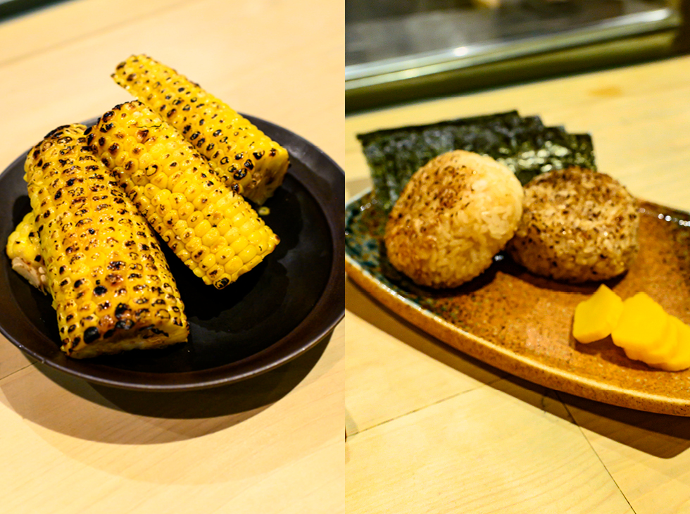 hobnobmag Shuraku Restaurant NYC. side dishes: a fantastically-spiced and grilled corn on the cob. Grilled Seasoned Rice Balls.