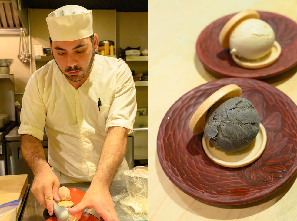hobnobmag Shuraku Restaurant NYC. Chef Joseph Conti designed the ice cream to be set between two wafers.