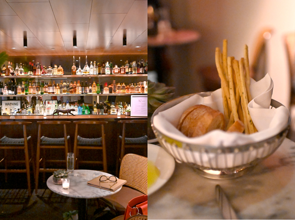 hobnobmag il gattopardo NYC: The bar room, with signature leopard atop the bar. Right, a medley of choices in the bread basket.