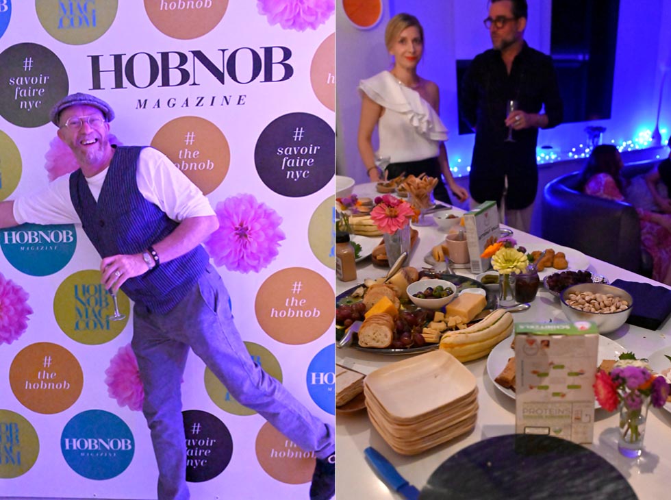 Party guests pose in front of Hobnob Magazine's photo op area.