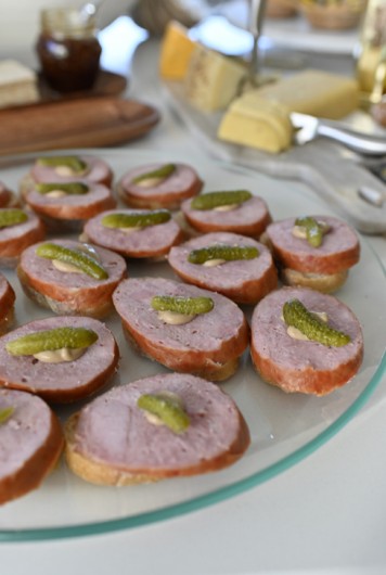 Kielbasa Canape Party Bite at TheHobnob cocktail party, whose menu featured Hidden Secrets.