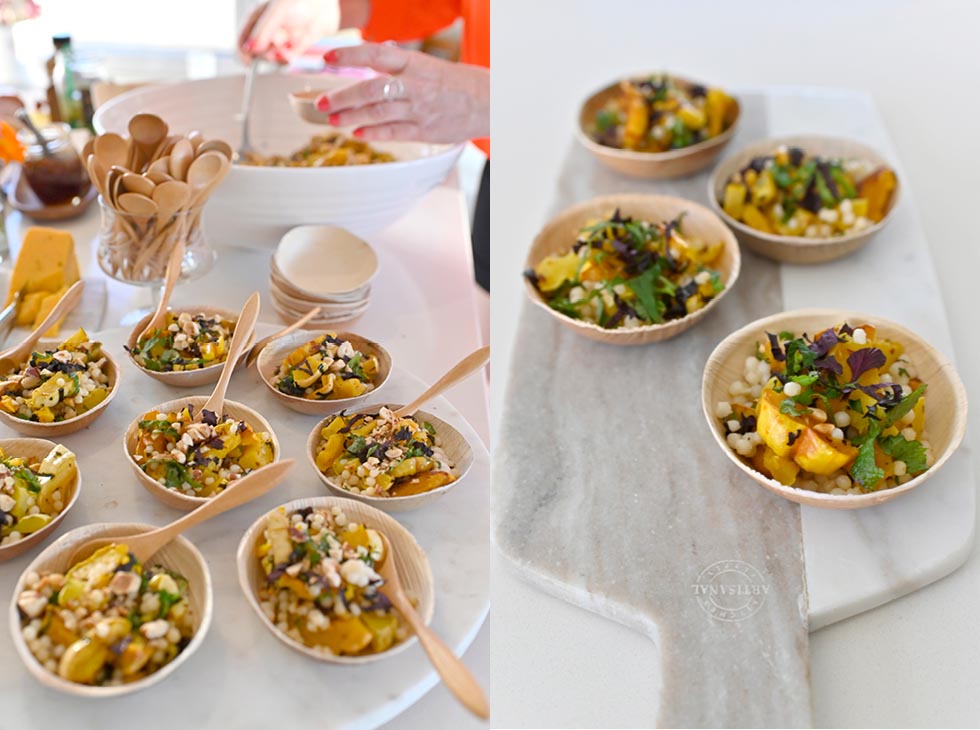 recipe step: place roasted delicata squash into small eco-bowls for a grab and go party buffet. 
