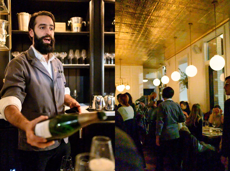 The Riddler NYC, Drew Farquhar pours some champagne.