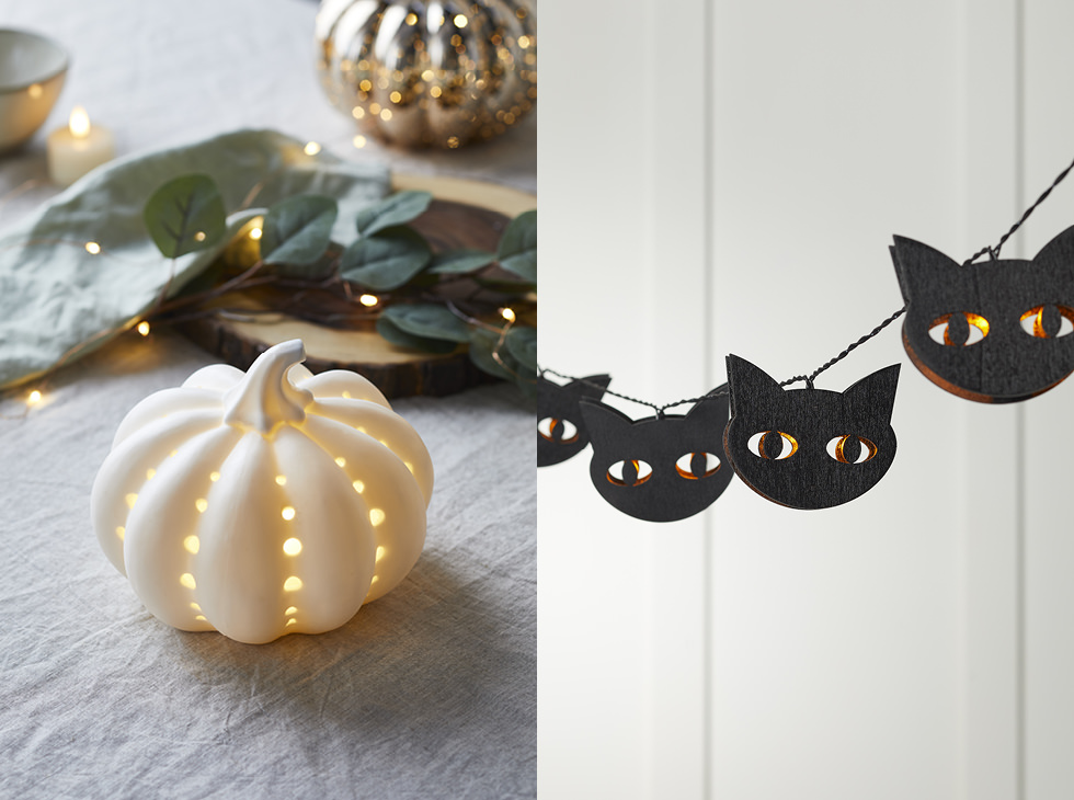 Halloween Decor ceramic pumpkin black cat lights